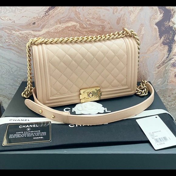 CHANEL Handbags - Chanel Light Beige Quilted Caviar Medium Boy Bag